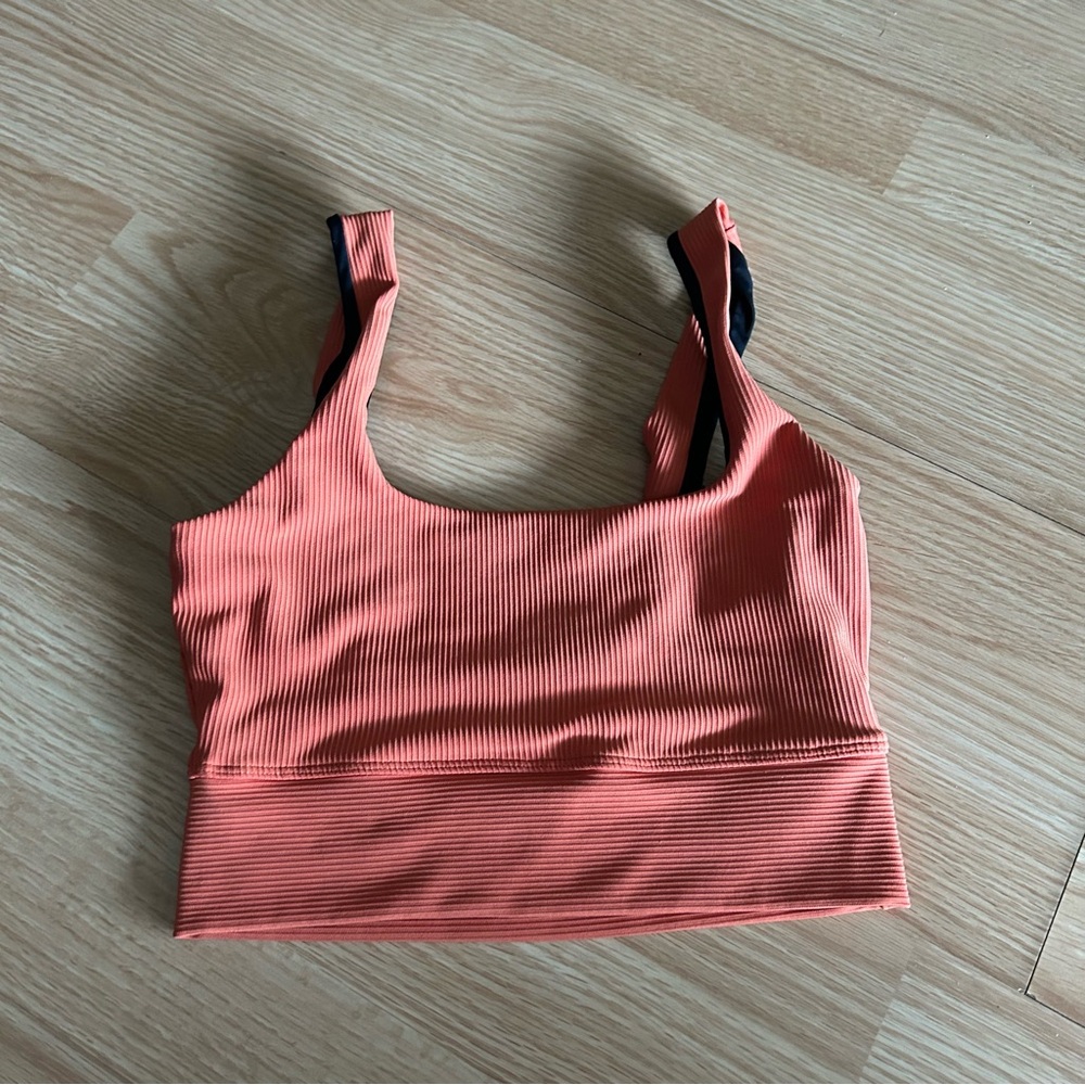 Varley Orange Ribbed Square Neck Sports Bra Small